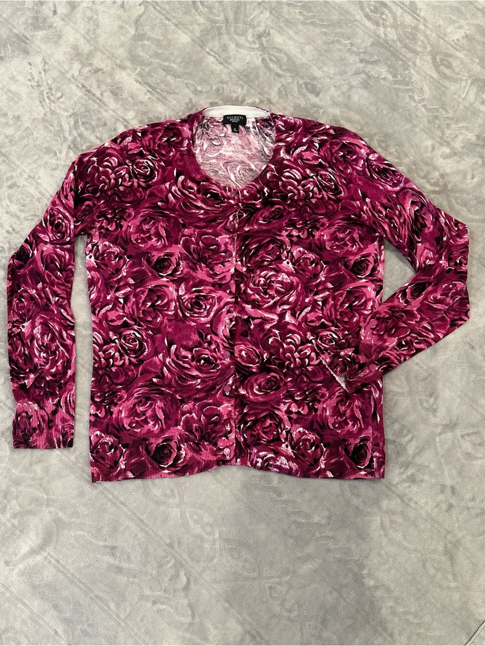 Talbots Women’s Floral Cardigan Sweater Size M Purple Pink Cotton Knit Buttons